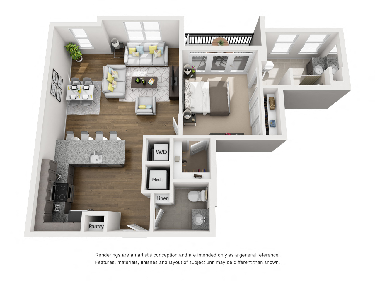 Floor plan for 1 bed, 1.5 baths, 898 sqft